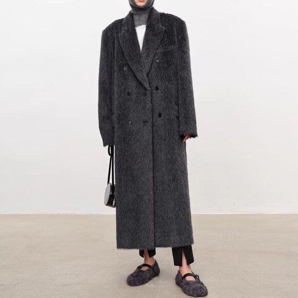 CHICJOC Long Tailored Alpaca Wool Coat Melange Dark Gray Size 36 - Picture 9 of 16